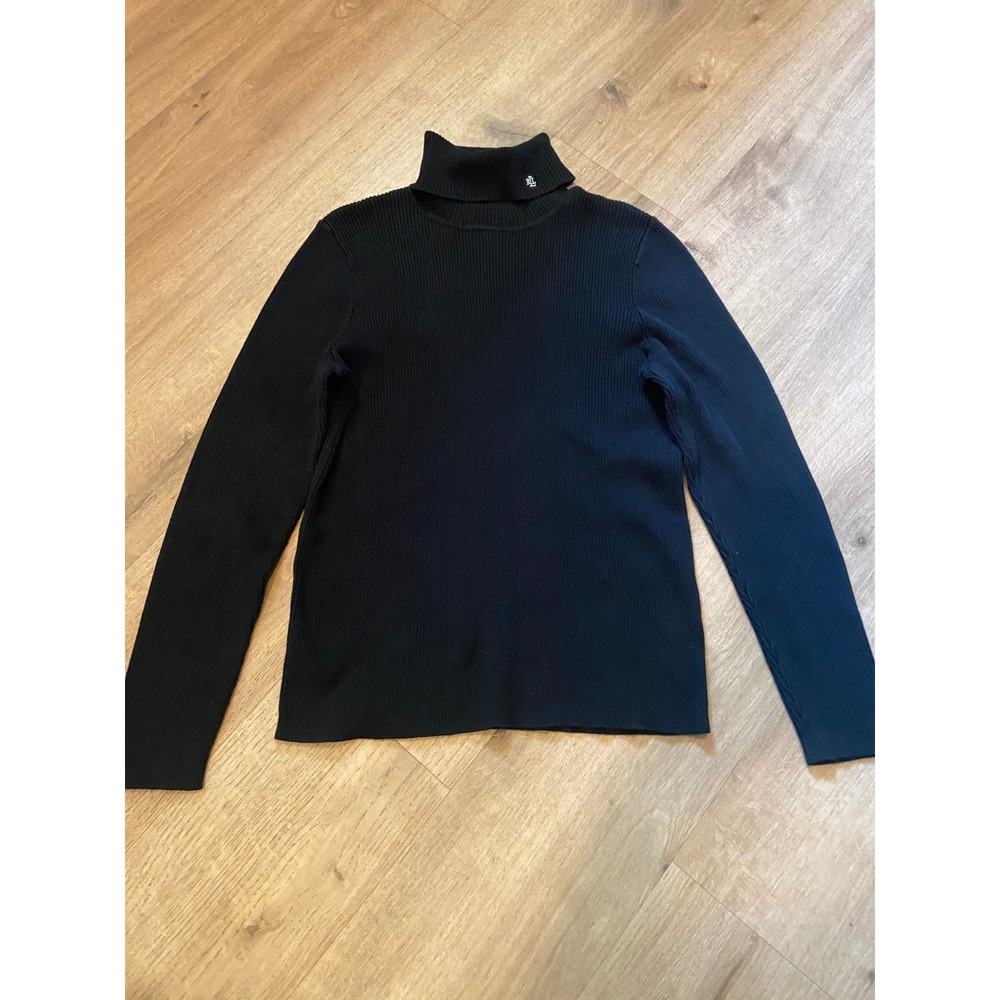 Lauren Ralph Lauren Turtleneck XL Black Ribbed Cotton Logo Preppy Minimalist EUC